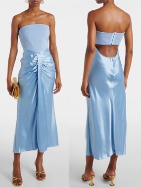 Staud Wayfaring Women’s Baby Blue Mix Media Strapless Cocktail Midi Dress SZ 12